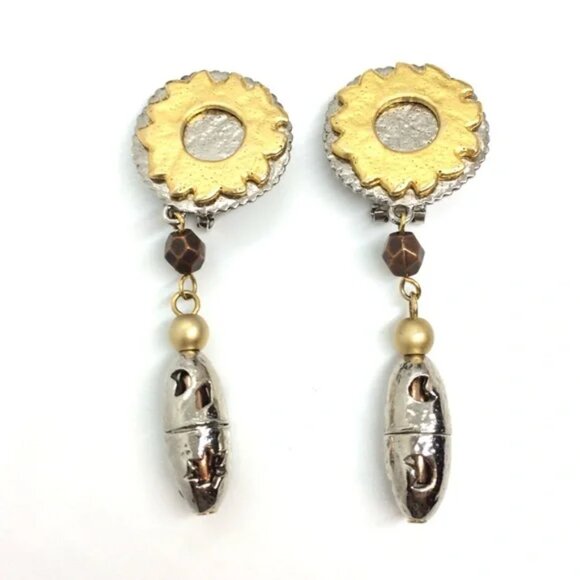 VINTAGE LIZ CLAIBORNE CELESTIAL MIXED METAL DANGLE EARRINGS CLIP ON 80S SUN MOON - Picture 6 of 14